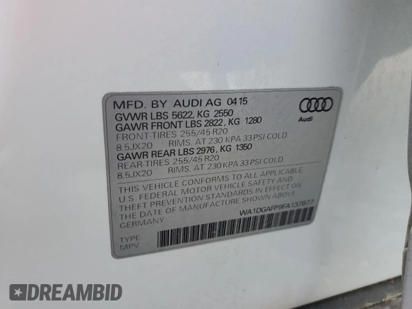 2015 Audi Q5 Premium Plus with VIN WA1DGAFP9FA137877, listed as a Copart auction lot 54795985 with 98,775 mi miles and Salvage title. Bid and sale history available at DreamBid. Image 13.