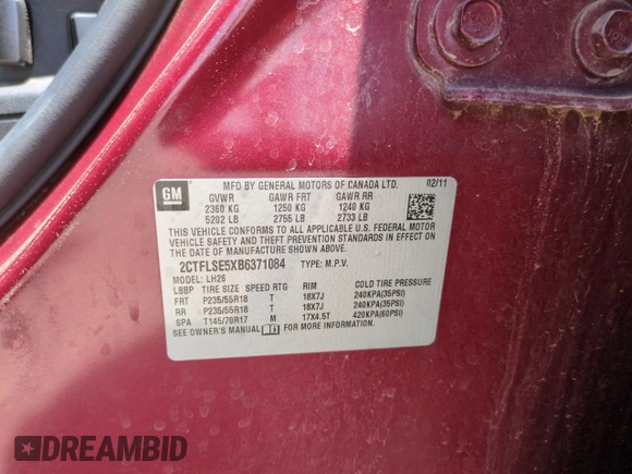 2011 GMC Terrain SLE-2 with VIN 2CTFLSE5XB6371084, listed as a Copart auction lot 59399795 with 104,225 mi miles and Salvage title. Bid and sale history available at DreamBid. Image 13.