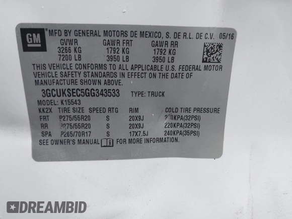 2016 Chevrolet Silverado 1500 LTZ with VIN 3GCUKSEC5GG343533, listed as a IAAI auction lot 41202553 with 207,973 mi miles and . Bid and sale history available at DreamBid. Image 9.