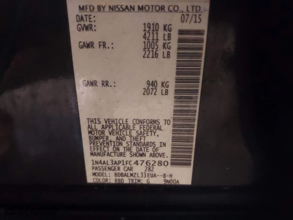 2015 Nissan Altima 2.5 SV with VIN 1N4AL3AP1FC476280, listed as a IAAI auction lot 41590990 with 113,565 mi miles. Bid and sale history available at carsss.com. Image 9.