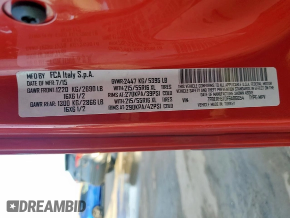 2015 Ram ProMaster City Cargo Tradesman SLT with VIN ZFBERFBT0F6A86654, listed as a Copart auction lot 49257745 with 120,526 mi miles and Salvage Title. Bid and sale history available at carsss.com. Image 14.