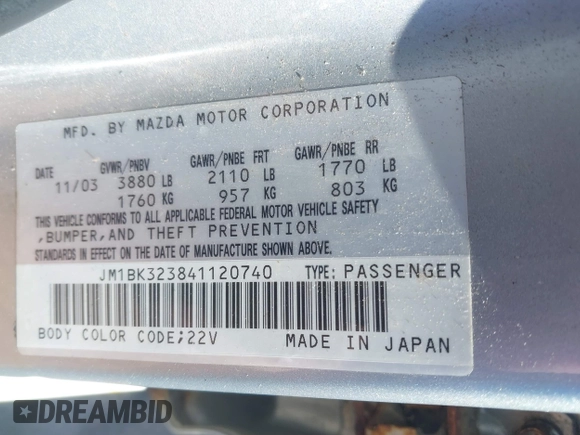 2004 Mazda 3 s with VIN JM1BK323841120740, listed as a IAAI auction lot 41623857 with 149,166 mi miles and . Bid and sale history available at DreamBid. Image 9.