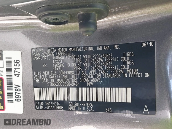 2011 Toyota Sienna LE AAS with VIN 5TDKK3DC3BS049461, listed as a IAAI auction lot 42629071 with 122,023 mi miles and . Bid and sale history available at DreamBid. Image 9.