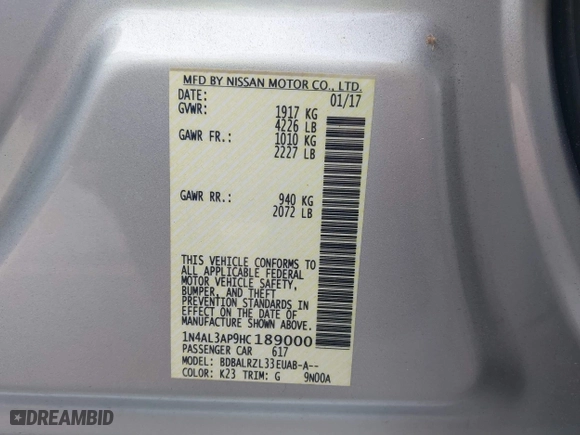 2017 Nissan Altima 2.5 SR with VIN 1N4AL3AP9HC189000, listed as a IAAI auction lot 41491223 with 149,013 mi miles. Bid and sale history available at carsss.com. Image 9.