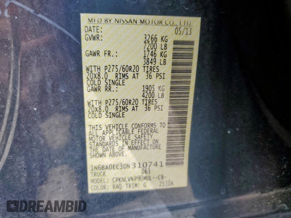 2013 Nissan Titan Pro-4X with VIN 1N6BA0EC3DN310741, listed as a Copart auction lot 57171975 with 146,524 mi miles and Salvage title. Bid and sale history available at DreamBid. Image 12.
