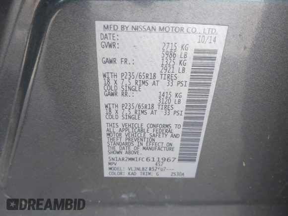 2015 Nissan Pathfinder SL с VIN 5N1AR2MM1FC611967, выставлен на аукционе IAAI как лот 42201697 с пробегом 169 272 миль миль и . История ставок и продаж доступна на DreamBid. Изображение 9.