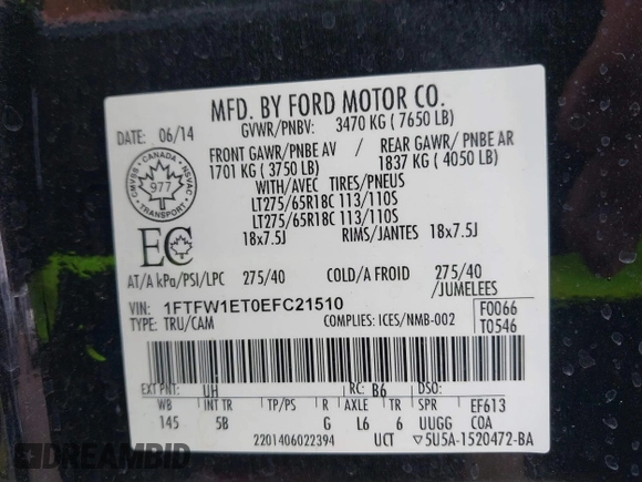 2014 Ford F-150 XL with VIN 1FTFW1ET0EFC21510, listed as a IAAI auction lot 42646508 with 94,006 mi miles and . Bid and sale history available at DreamBid. Image 9.