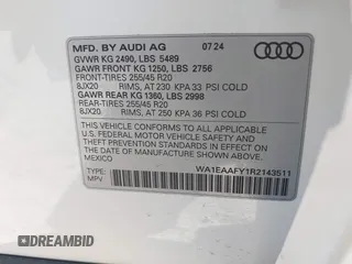 2024 Audi Q5 S line Premium Plus with VIN WA1EAAFY1R2143511, listed as a IAAI auction lot 40736946 with 1,125 mi miles and . Bid and sale history available at DreamBid. Image 9.