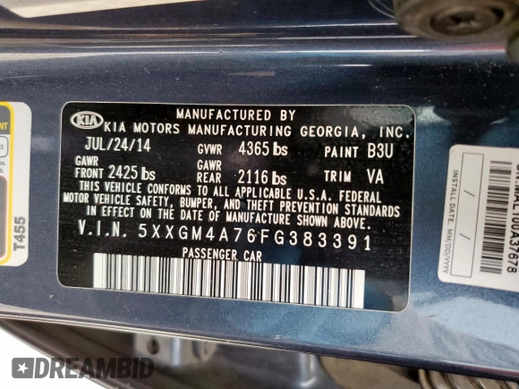2015 Kia Optima LX with VIN 5XXGM4A76FG383391, listed as a Copart auction lot 55322155 with 168,430 mi miles and Salvage Title. Bid and sale history available at carsss.com. Image 12.