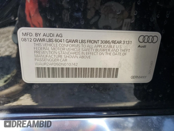 2013 Audi A8 4.0L with VIN WAUR2AFD5DN010742, listed as a Copart auction lot 62687735 with 107,984 mi miles and Salvage title. Bid and sale history available at DreamBid. Image 13.