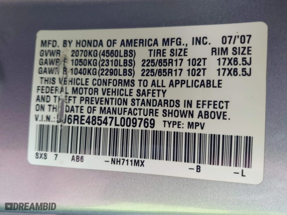 2007 Honda CR-V EX with VIN 5J6RE48547L009769, listed as a IAAI auction lot 41939288 with 256,805 mi miles. Bid and sale history available at carsss.com. Image 9.