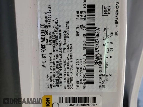 2019 Ford Fusion Titanium with VIN 3FA6P0K93KR286307, listed as a Copart auction lot 47221145 with 71,562 mi miles and Salvage Title. Bid and sale history available at carsss.com. Image 13.