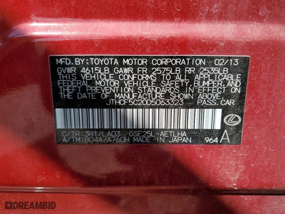 2013 Lexus IS 250 with VIN JTHCF5C20D5063323, listed as a Copart auction lot 50349985 with 92,610 mi miles and Salvage Title. Bid and sale history available at carsss.com. Image 13.
