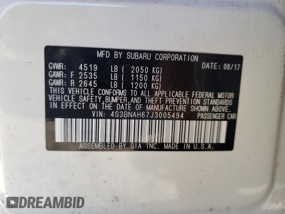 2018 Subaru Legacy Premium with VIN 4S3BNAH67J3005494, listed as a Copart auction lot 66005242 with 102,604 mi miles. Bid and sale history available at carsss.com. Image 10.