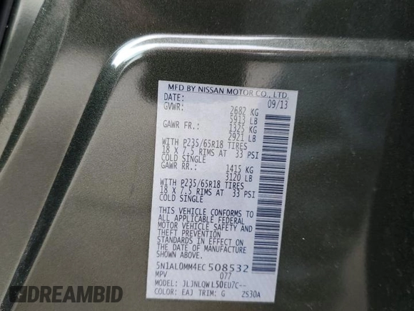 2014 Infiniti QX60 with VIN 5N1AL0MM4EC508532, listed as a Copart auction lot 61193775 with 184,783 mi miles and Salvage title. Bid and sale history available at DreamBid. Image 14.