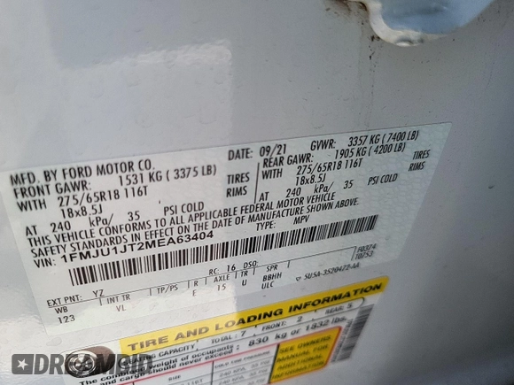 2021 Ford Expedition XLT с VIN 1FMJU1JT2MEA63404, выставлен на аукционе IAAI как лот 42631099 с пробегом 98 150 миль миль и . История ставок и продаж доступна на DreamBid. Изображение 5.