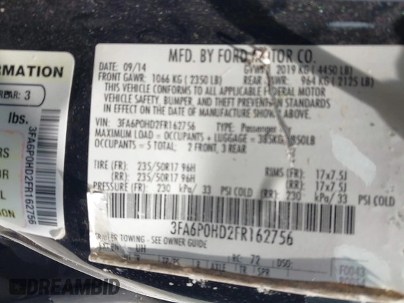 2015 Ford Fusion SE with VIN 3FA6P0HD2FR162756, listed as a IAAI auction lot 42028601 with 210,918 mi miles and . Bid and sale history available at DreamBid. Image 9.