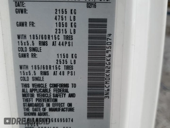 2016 Nissan NV200 S with VIN 3N6CM0KN2GK695074, listed as a Copart auction lot 55916625 with 134,550 mi miles and Salvage title. Bid and sale history available at DreamBid. Image 14.