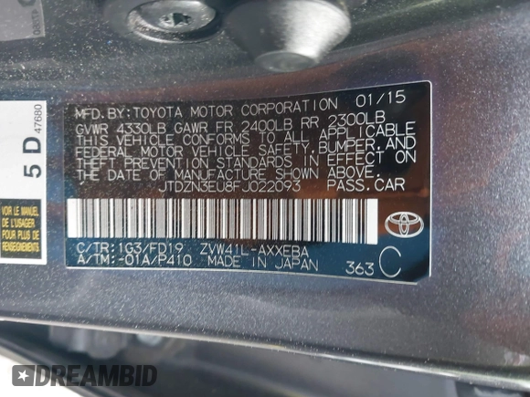 2015 Toyota Prius Two with VIN JTDZN3EU8FJ022093, listed as a IAAI auction lot 41993308 with 114,648 mi miles and . Bid and sale history available at DreamBid. Image 9.