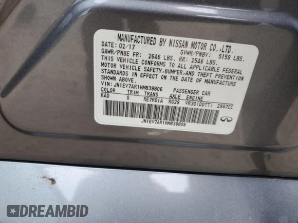 2017 Infiniti Q50 Premium with VIN JN1EV7AR1HM839806, listed as a Copart auction lot 57276245 with 128,332 mi miles and Clean title. Bid and sale history available at DreamBid. Image 12.