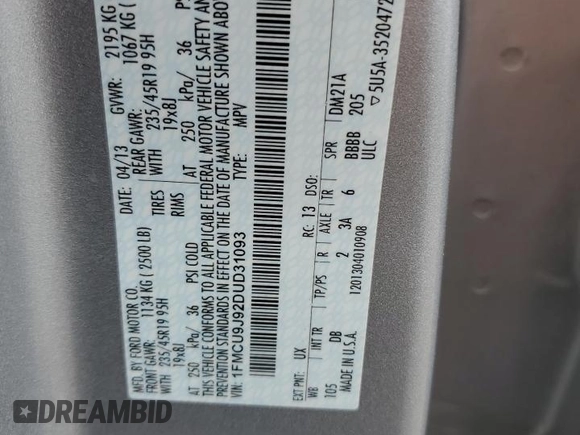 2013 Ford Escape Titanium с VIN 1FMCU9J92DUD31093, выставлен на аукционе Copart как лот 57121425 с пробегом 107 979 миль миль и Списание • Salvage title. История ставок и продаж доступна на DreamBid. Изображение 13.