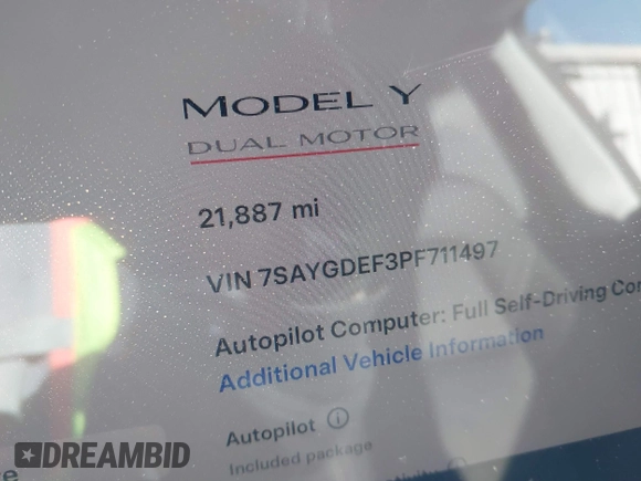 2023 Tesla Model Y Performance with VIN 7SAYGDEF3PF711497, listed as a IAAI auction lot 41877450 with 21,887 mi miles and . Bid and sale history available at DreamBid. Image 7.