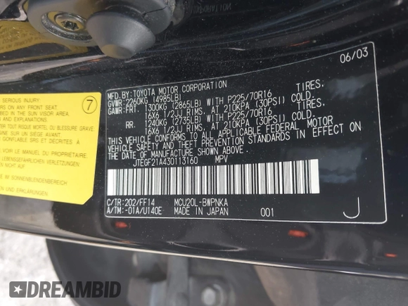 2003 Toyota Highlander z VIN JTEGF21A430113160, wystawiony jako IAAI lot #42224456 z przebiegiem 237 175 mil mil oraz . Historia ofert i sprzedaży dostępna na DreamBid. Obrazek 9.