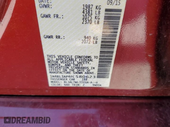 2015 Nissan Altima SL with VIN 1N4BL3AP4FC580623, listed as a Copart auction lot 49459325 with 100,776 mi miles and Salvage Title. Bid and sale history available at carsss.com. Image 13.