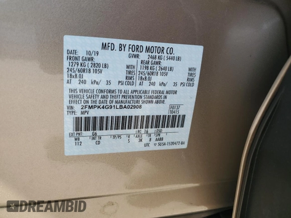 2020 Ford Edge SE z VIN 2FMPK4G91LBA02908, wystawiony jako Copart lot #59264195 z przebiegiem 22 581 mil mil oraz Szkoda całkowita • Salvage title. Historia ofert i sprzedaży dostępna na DreamBid. Obrazek 13.