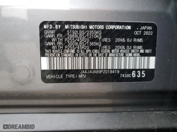 2023 Mitsubishi Outlander SE with VIN JA4J4UA89PZ018419, listed as a Copart auction lot 89114165 with 19,429 mi miles and Salvage Title. Bid and sale history available at carsss.com. Image 15.