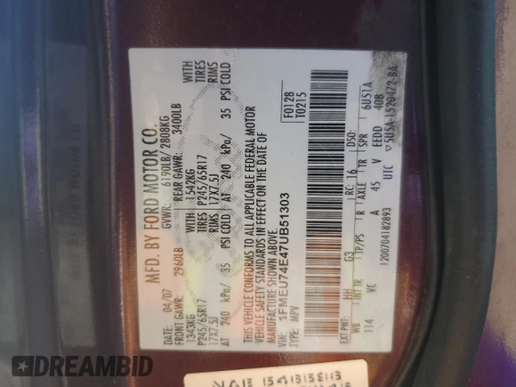 2007 Ford Explorer Eddie Bauer z VIN 1FMEU74E47UB51303, wystawiony jako Copart lot #61835765 z przebiegiem 182 627 mil mil oraz Szkoda całkowita • Salvage title. Historia ofert i sprzedaży dostępna na DreamBid. Obrazek 13.