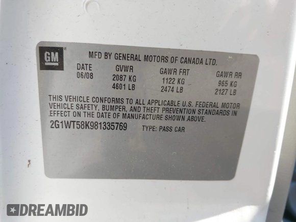 2008 Chevrolet Impala LT with VIN 2G1WT58K981335769, listed as a IAAI auction lot 42138473 with 162,485 mi miles and . Bid and sale history available at DreamBid. Image 9.