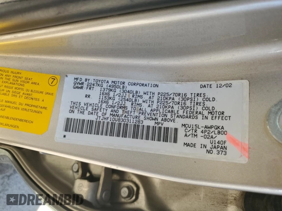 2003 Lexus RX 300 with VIN JTJHF10U830311283, listed as a Copart auction lot 71161444 with 216,654 mi miles and Salvage Title. Bid and sale history available at carsss.com. Image 12.