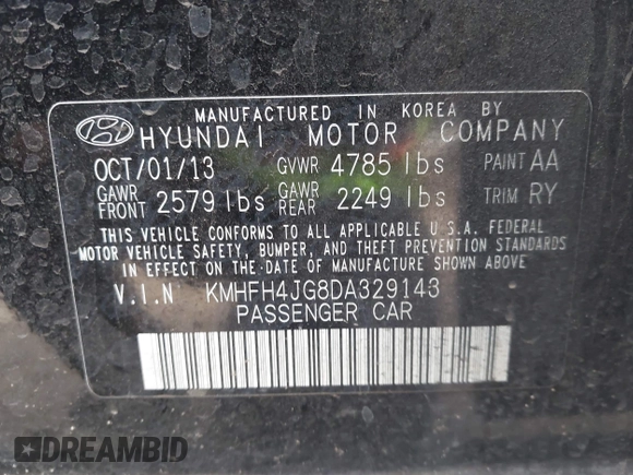 2013 Hyundai Azera z VIN KMHFH4JG8DA329143, wystawiony jako IAAI lot #41933036 z przebiegiem Nie podano mil oraz . Historia ofert i sprzedaży dostępna na DreamBid. Obrazek 9.