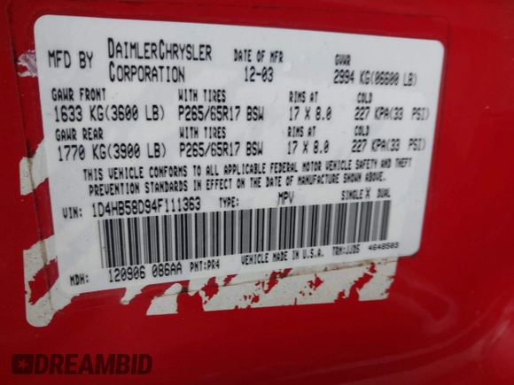 2004 Dodge Durango Limited z VIN 1D4HB58D94F111363, wystawiony jako IAAI lot #41440895 z przebiegiem 128 897 mil mil oraz . Historia ofert i sprzedaży dostępna na DreamBid. Obrazek 9.