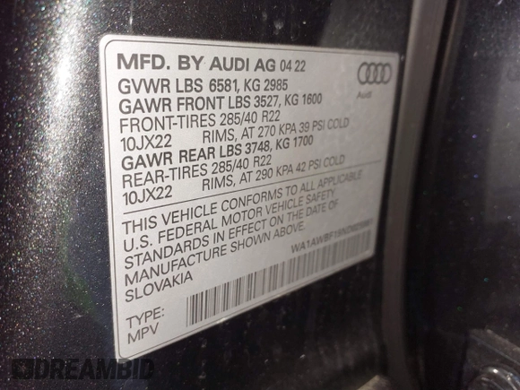 2022 Audi SQ8 Premium Plus with VIN WA1AWBF19ND025861, listed as a IAAI auction lot 41640362 with 36,594 mi miles and . Bid and sale history available at DreamBid. Image 9.