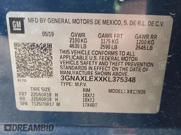 2019 Chevrolet Equinox LT with VIN 3GNAXLEXXKL375348, listed as a Copart auction lot 53863515 with 92,152 mi miles and Salvage Title. Bid and sale history available at DreamBid. Image 14.