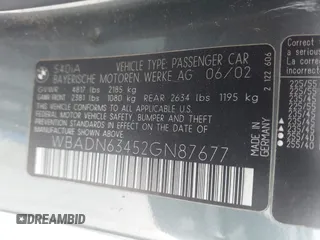 2002 BMW 5 Series 540i z VIN WBADN63452GN87677, wystawiony jako IAAI lot #42384874 z przebiegiem Nie podano mil oraz . Historia ofert i sprzedaży dostępna na DreamBid. Obrazek 9.