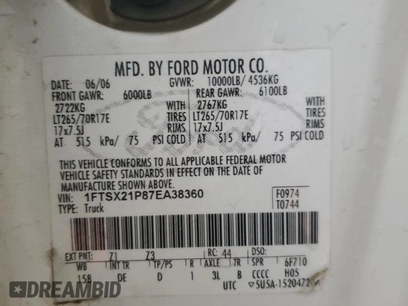2007 Ford F-250 XL with VIN 1FTSX21P87EA38360, listed as a Copart auction lot 88650695 with 214,202 mi miles and Salvage Title. Bid and sale history available at DreamBid. Image 13.