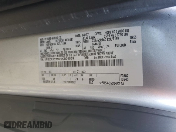 2017 Ford Transit XL with VIN 1FBZX2YM8HKB01569, listed as a Copart auction lot 84736774 with 123,374 mi miles and Salvage title. Bid and sale history available at DreamBid. Image 13.