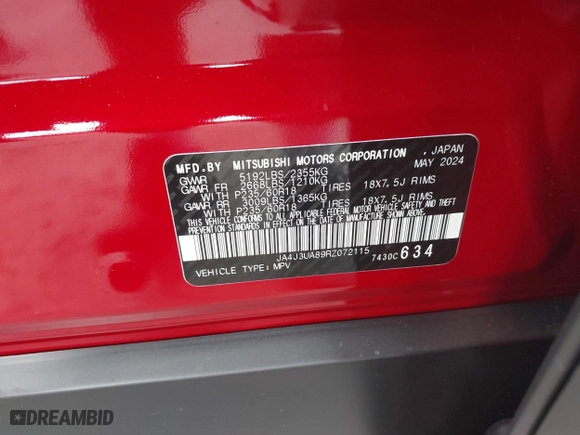 2024 Mitsubishi Outlander ES with VIN JA4J3UA89RZ072115, listed as a IAAI auction lot 41309564 with 2,178 mi miles. Bid and sale history available at carsss.com. Image 9.