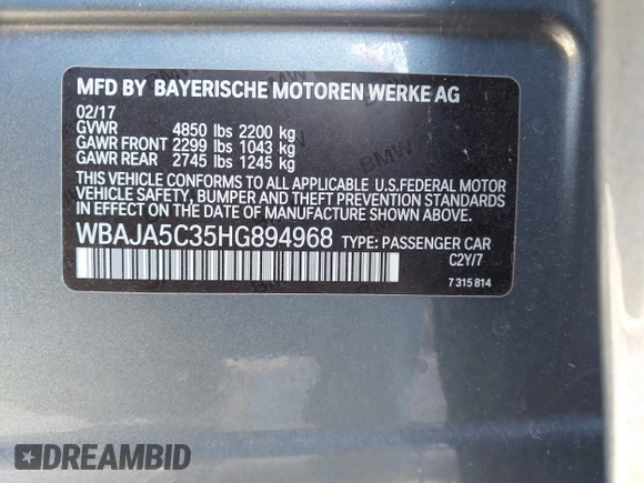 2017 BMW 5 Series 530i with VIN WBAJA5C35HG894968, listed as a IAAI auction lot 41060221 with 119,435 mi miles and . Bid and sale history available at DreamBid. Image 9.