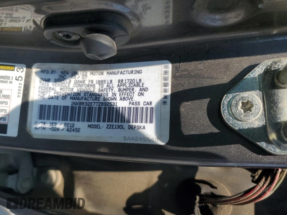 2007 Toyota Corolla CE with VIN 1NXBR32E77Z892531, listed as a Copart auction lot 64616845 with 280,937 mi miles and Salvage title. Bid and sale history available at DreamBid. Image 12.
