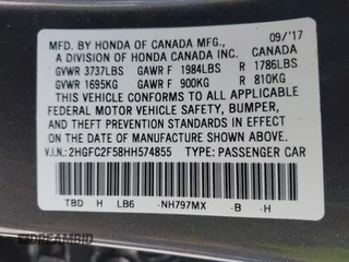 2017 Honda Civic Sedan LX with VIN 2HGFC2F58HH574855, listed as a IAAI auction lot 42058279 with 89,442 mi miles. Bid and sale history available at carsss.com. Image 9.