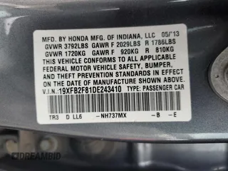 2013 Honda Civic EX with VIN 19XFB2F81DE243410, listed as a Copart auction lot 47586305 with 103,639 mi miles and Salvage Title. Bid and sale history available at DreamBid. Image 14.