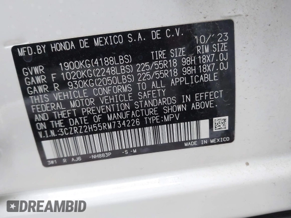 2024 Honda HR-V Sport with VIN 3CZRZ2H55RM734226, listed as a IAAI auction lot 41379416 with 9,692 mi miles. Bid and sale history available at carsss.com. Image 9.
