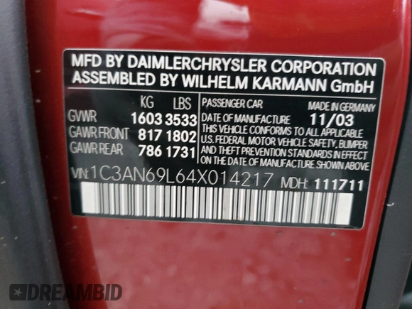 2004 Chrysler Crossfire z VIN 1C3AN69L64X014217, wystawiony jako Copart lot #82427704 z przebiegiem 85 328 mil mil oraz Szkody całkowita. Historia ofert i sprzedaży dostępna na DreamBid. Obrazek 12.