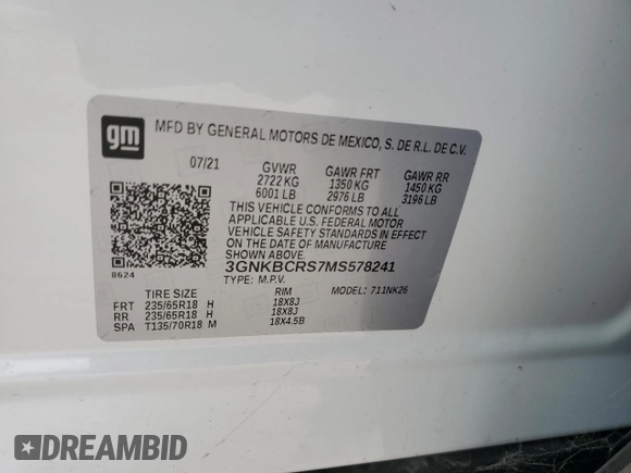 2021 Chevrolet Blazer LT with VIN 3GNKBCRS7MS578241, listed as a Copart auction lot 58149005 with 38,283 mi miles and Non repairable. Bid and sale history available at DreamBid. Image 13.