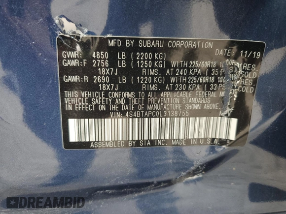 2020 Subaru Outback Touring with VIN 4S4BTAPC0L3138755, listed as a Copart auction lot 56010415 with 105,571 mi miles and Salvage title. Bid and sale history available at DreamBid. Image 13.