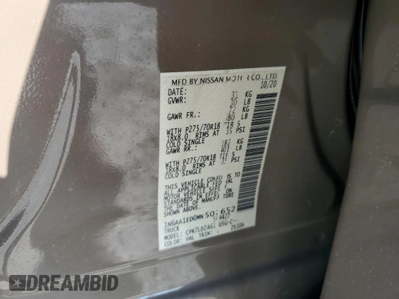 2021 Nissan Titan Pro-4X with VIN 1N6AA1ED0MN507652, listed as a Copart auction lot 62156505 with 13,085 mi miles and Salvage title. Bid and sale history available at DreamBid. Image 13.